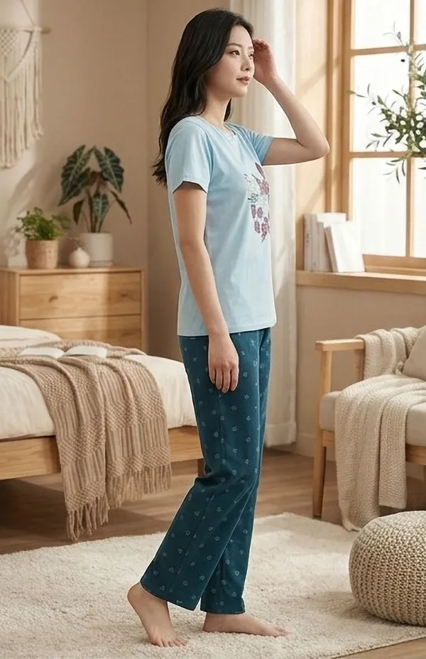 SKYBEN_Women_Printed_Sky_Blue_And_Teal_Top_And_Pyjama_Set
