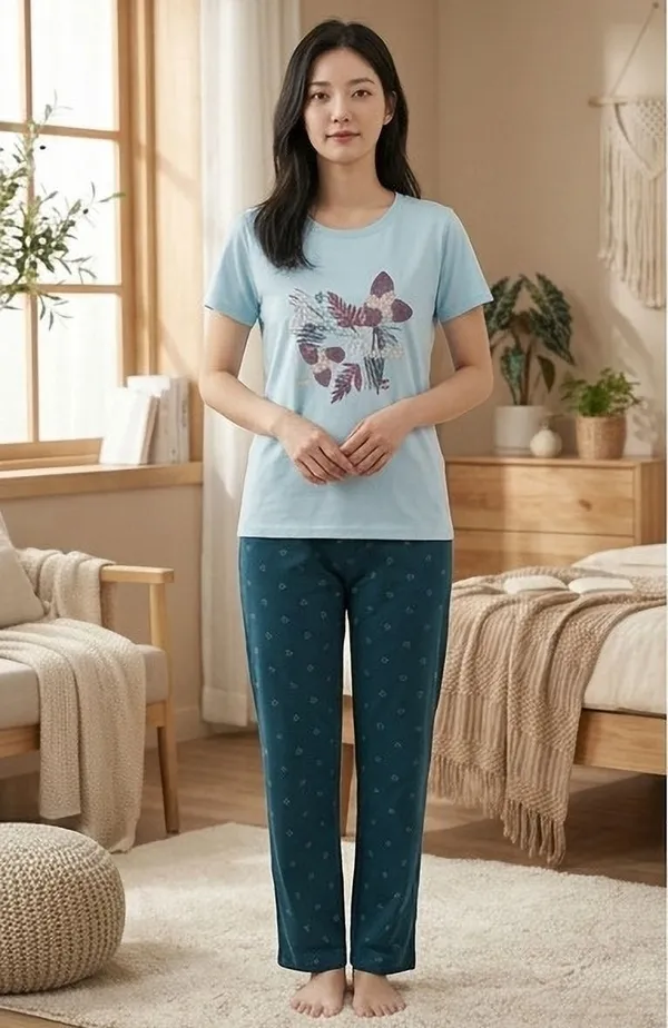 SKYBEN_Women_Printed_Sky_Blue_And_Teal_Top_And_Pyjama_Set
