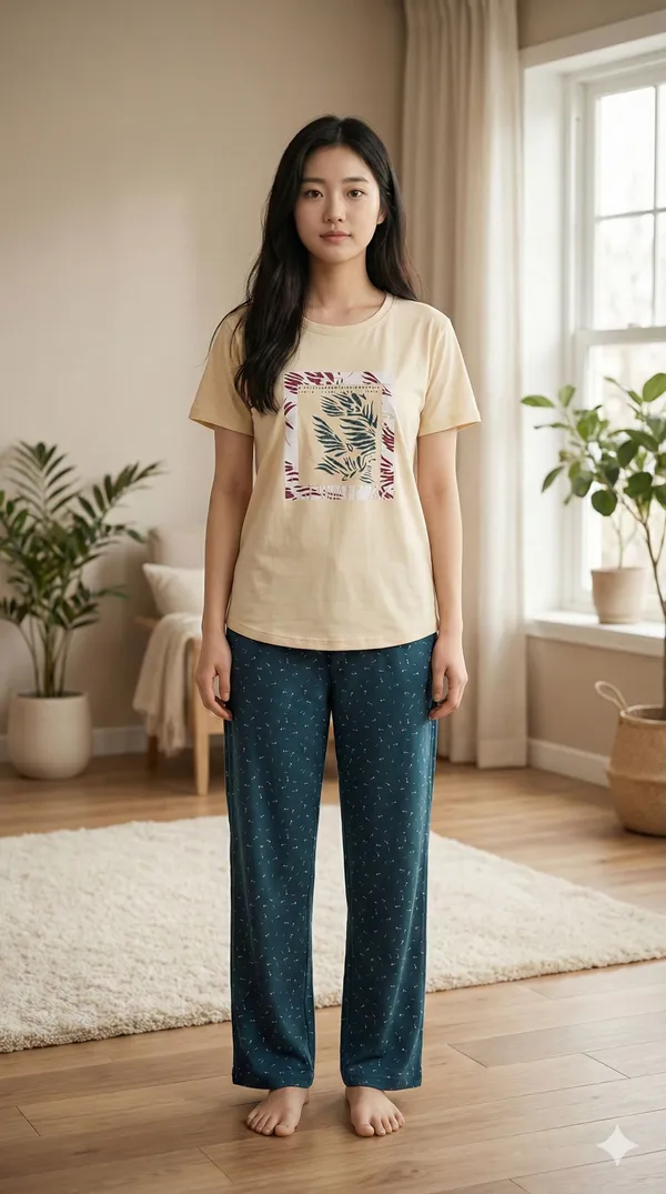 SKYBEN_Women_Printed_Beige_And_Dark_Green_Top_And_Pyjama_Set