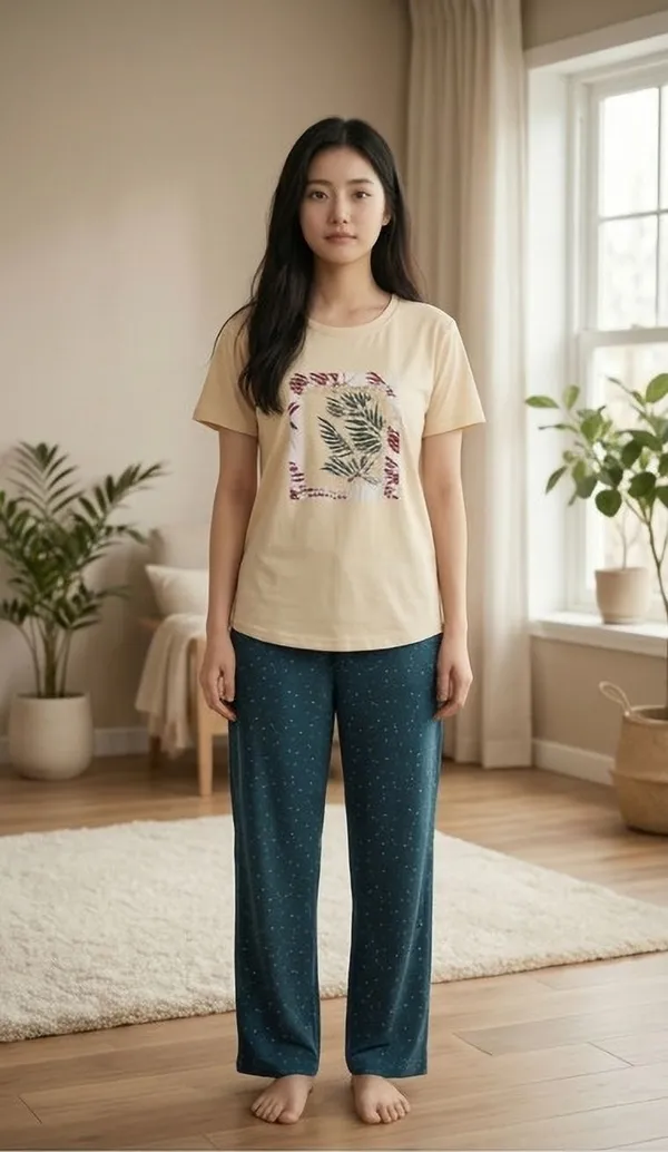SKYBEN_Women_Printed_Beige_And_Dark_Green_Top_And_Pyjama_Set