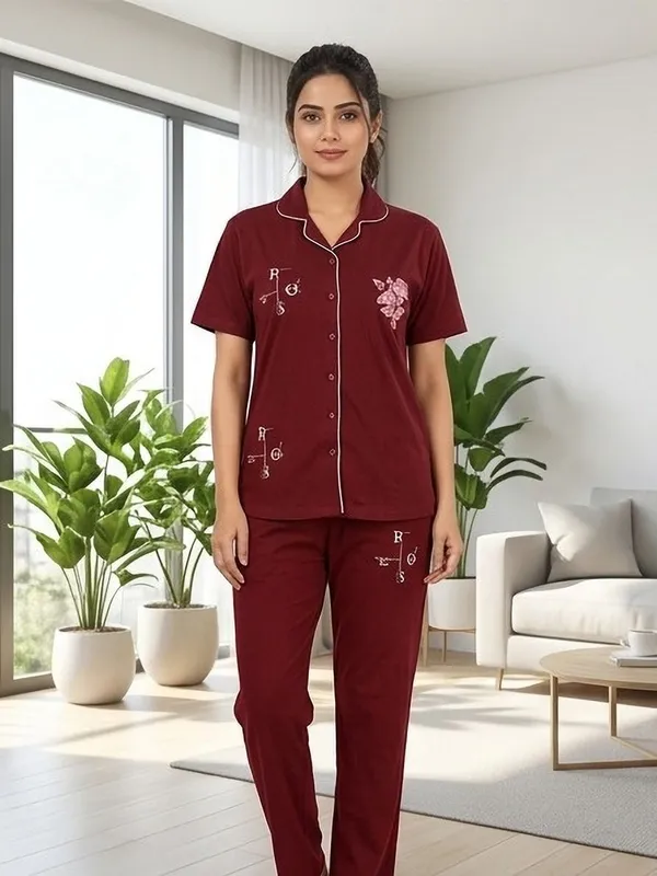 SKYBEN_Women_Printed_Maroon_Shirt_And_Pyjama_set