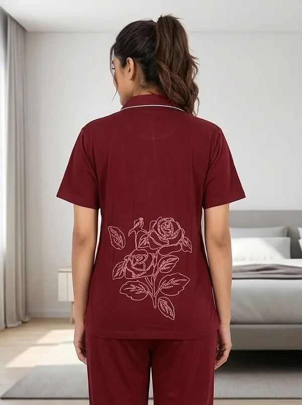 SKYBEN_Women_Printed_Maroon_Shirt_And_Pyjama_set