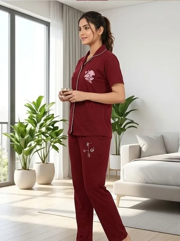 SKYBEN_Women_Printed_Maroon_Shirt_And_Pyjama_set