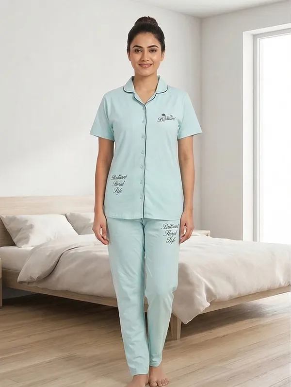 SKYBEN_Women_Printed_Sky_Blue_Shirt_And_Pyjama_set