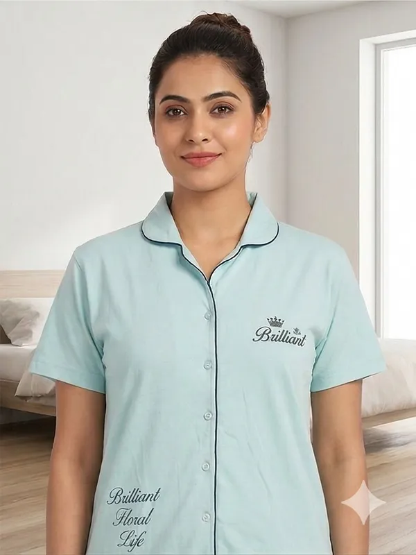 SKYBEN_Women_Printed_Sky_Blue_Shirt_And_Pyjama_set