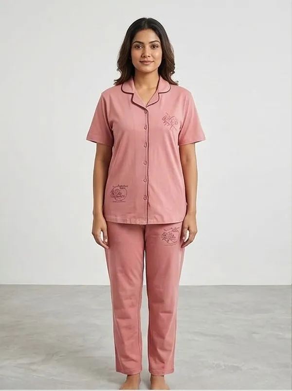 SKYBEN_Women_Printed_Peach_Shirt_And_Pyjama_set