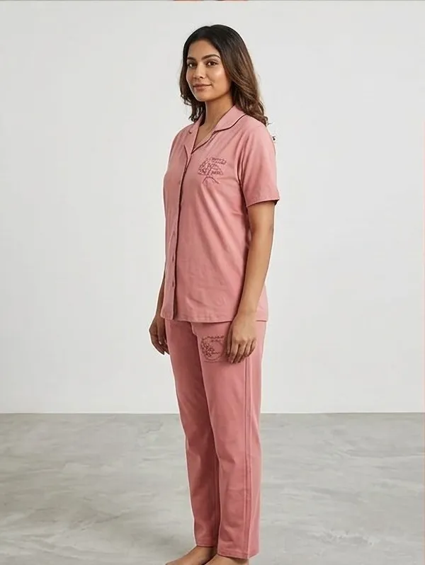 SKYBEN_Women_Printed_Peach_Shirt_And_Pyjama_set