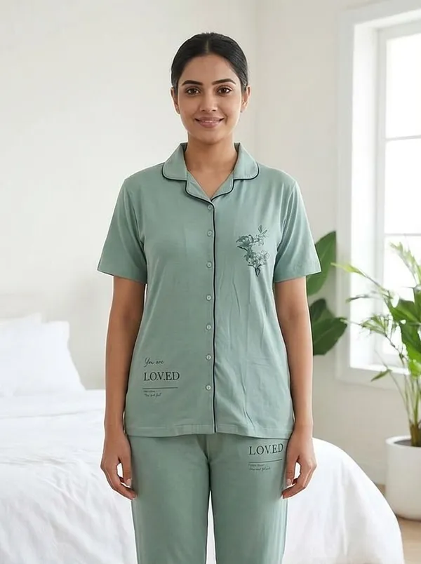 SKYBEN_Women_Printed_Sage_Green_Shirt_And_Pyjama_set