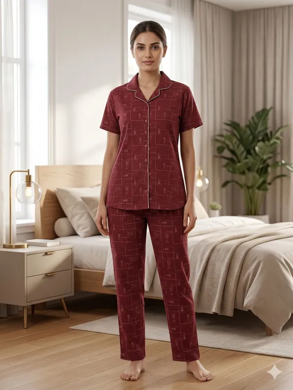 SKYBEN_Women_Printed_Maroon_Shirt_And_Pyjama_set