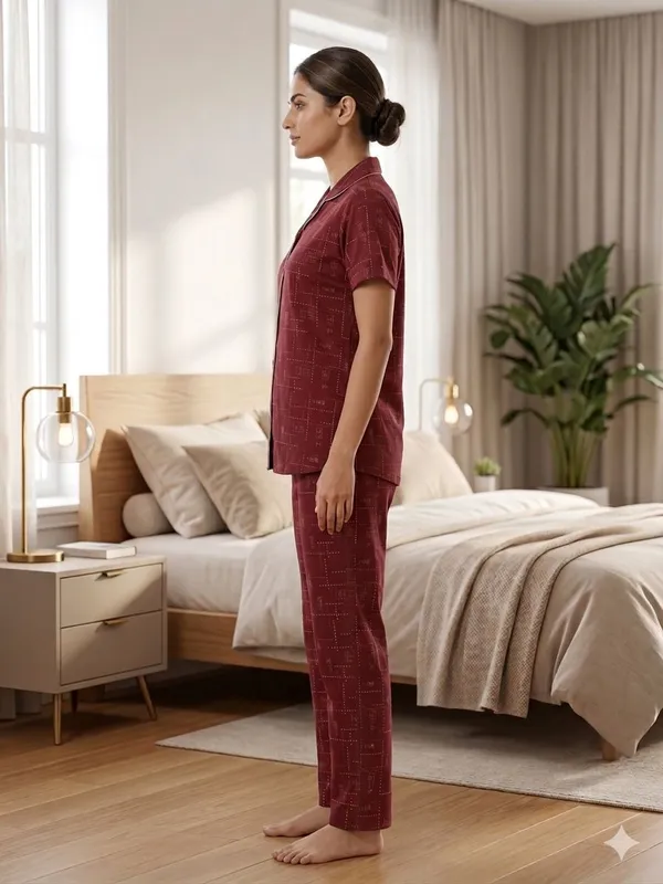 SKYBEN_Women_Printed_Maroon_Shirt_And_Pyjama_set