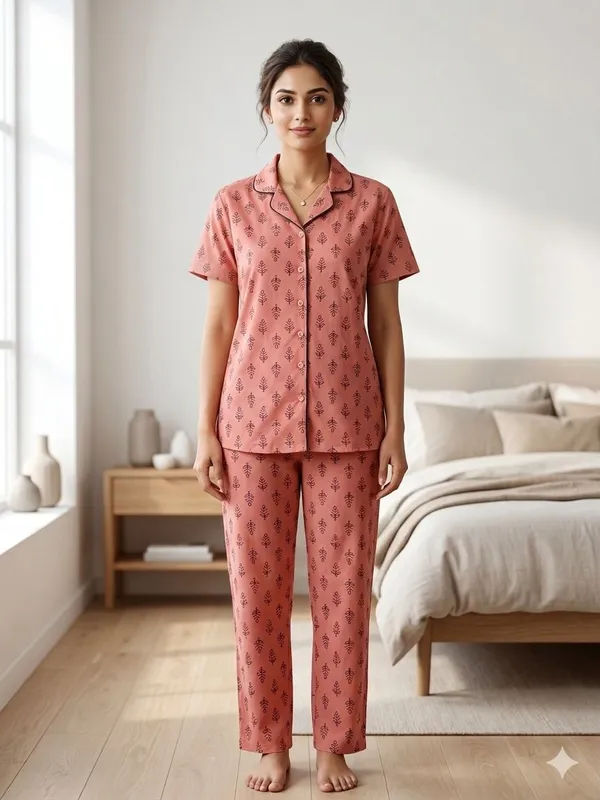 SKYBEN_Women_Printed_Peach_Shirt_And_Pyjama_set