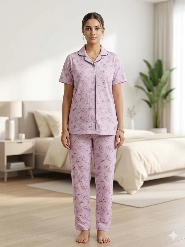 SKYBEN_Women_Printed_Lavender_Shirt_And_Pyjama_set