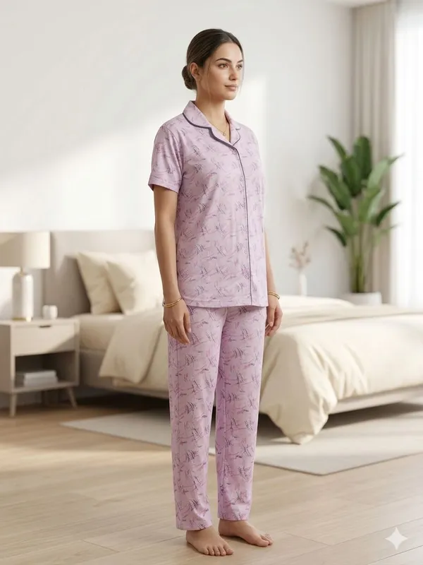 SKYBEN_Women_Printed_Lavender_Shirt_And_Pyjama_set
