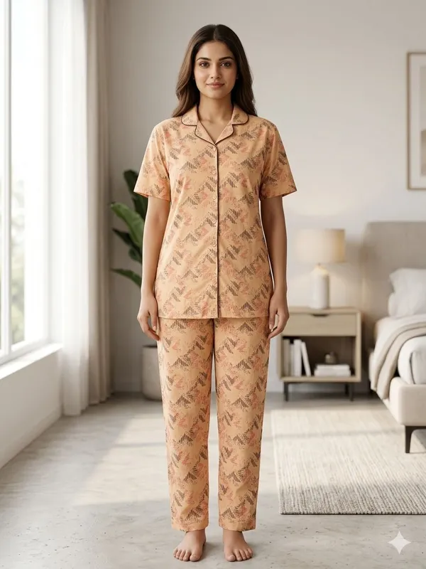 SKYBEN_Women_Printed_Beige_Shirt_And_Pyjama_set