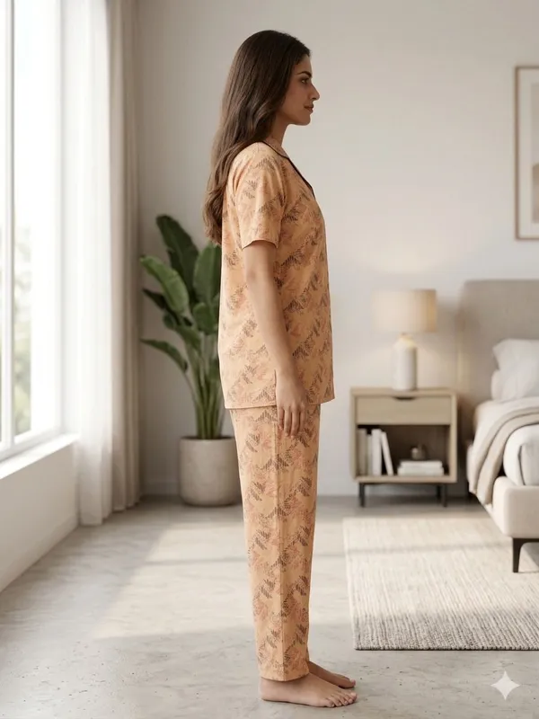 SKYBEN_Women_Printed_Beige_Shirt_And_Pyjama_set