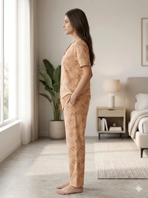 SKYBEN_Women_Printed_Beige_Shirt_And_Pyjama_set