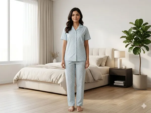 SKYBEN_Women_Printed_Light_Blue_Shirt_And_Pyjama_set