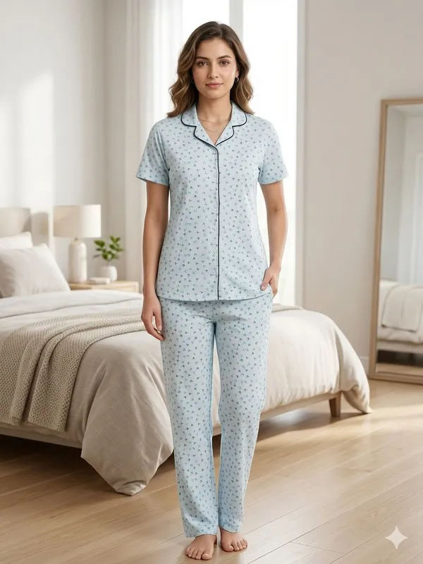 SKYBEN_Women_Printed_Sky_Blue_Shirt_And_Pyjama_set