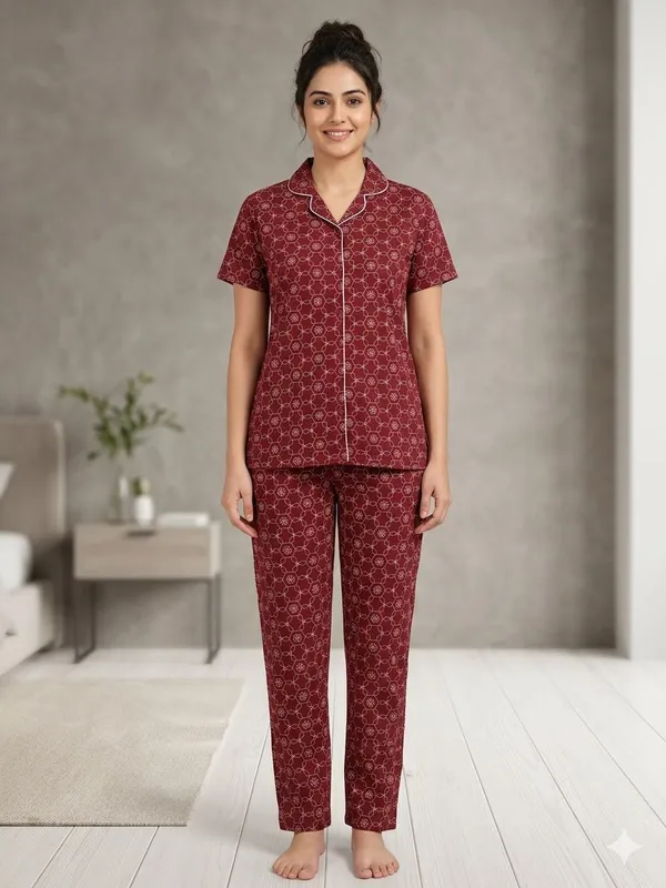 SKYBEN_Women_Printed_Maroon_Shirt_And_Pyjama_set