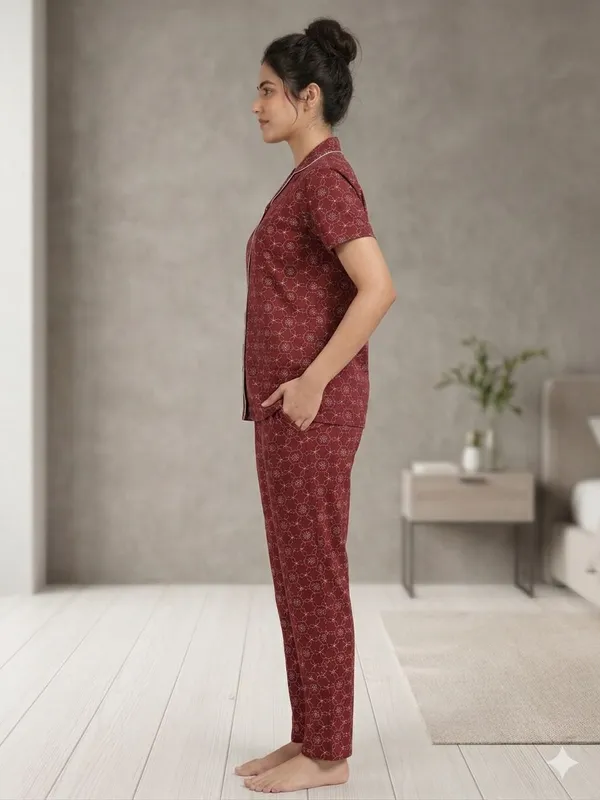 SKYBEN_Women_Printed_Maroon_Shirt_And_Pyjama_set