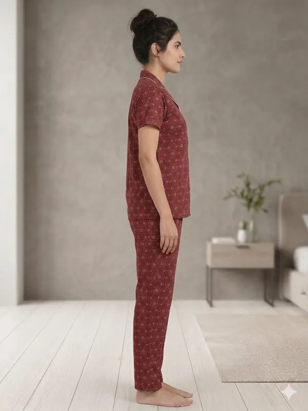 SKYBEN_Women_Printed_Maroon_Shirt_And_Pyjama_set