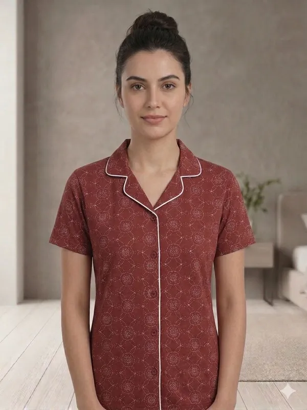 SKYBEN_Women_Printed_Maroon_Shirt_And_Pyjama_set