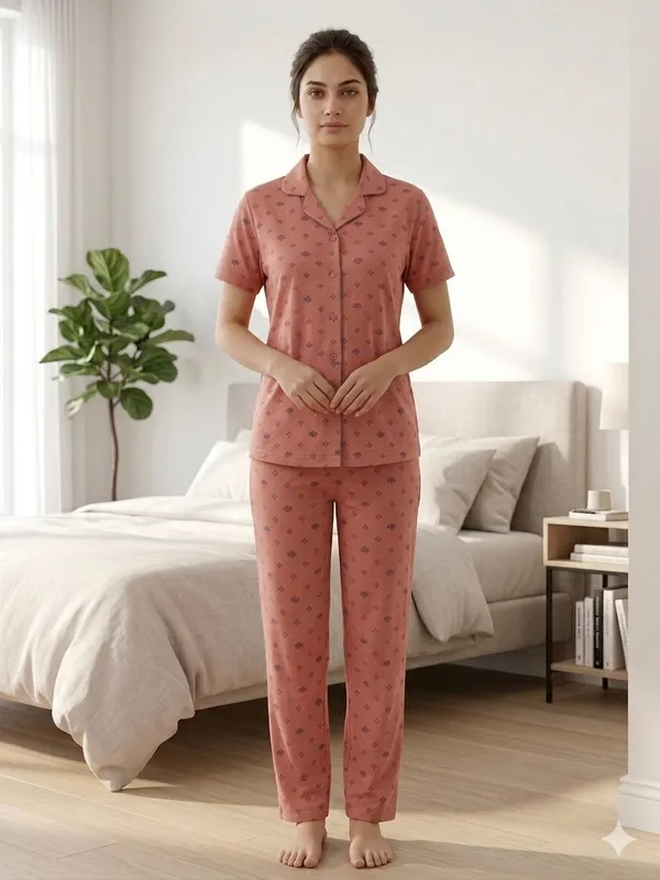 SKYBEN_Women_Printed_Peach_Shirt_And_Pyjama_set