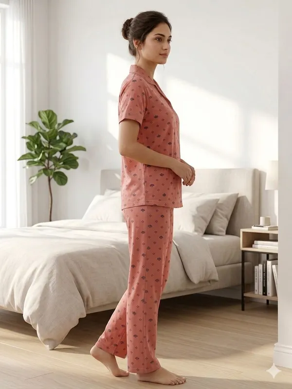 SKYBEN_Women_Printed_Peach_Shirt_And_Pyjama_set