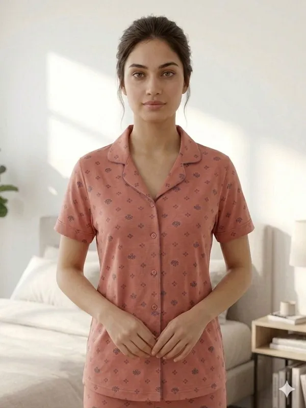 SKYBEN_Women_Printed_Peach_Shirt_And_Pyjama_set