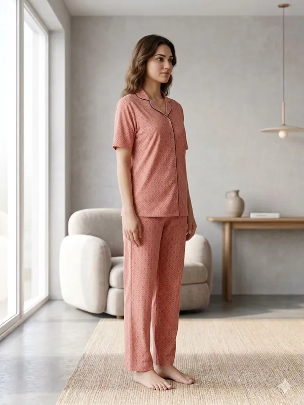SKYBEN_Women_Printed_Peach_Shirt_And_Pyjama_set