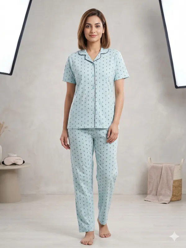 SKYBEN_Women_Printed_Sky_Blue_Shirt_And_Pyjama_set