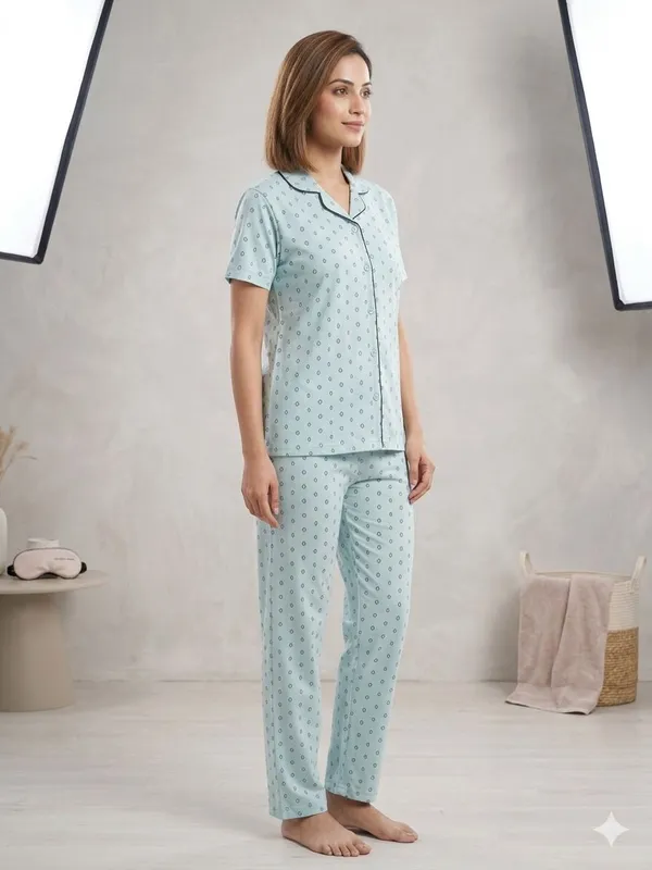 SKYBEN_Women_Printed_Sky_Blue_Shirt_And_Pyjama_set