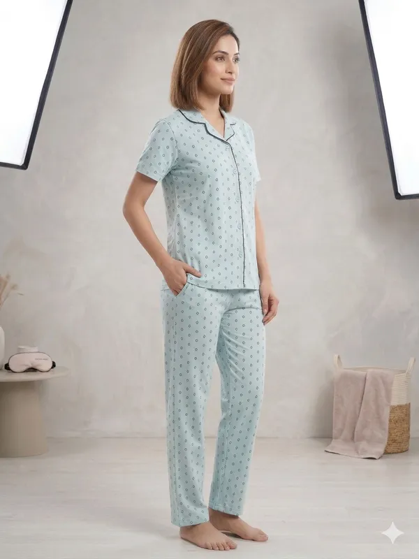 SKYBEN_Women_Printed_Sky_Blue_Shirt_And_Pyjama_set