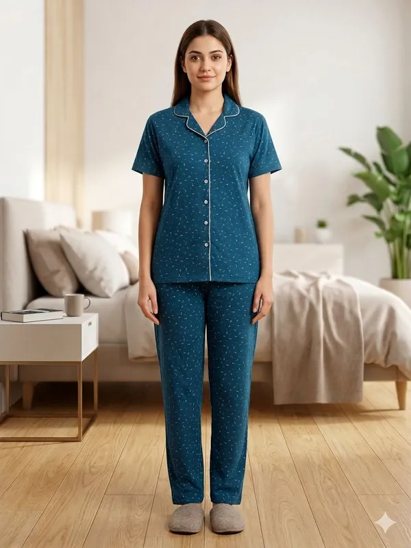 SKYBEN_Women_Printed_Teal_Blue_Shirt_And_Pyjama_set