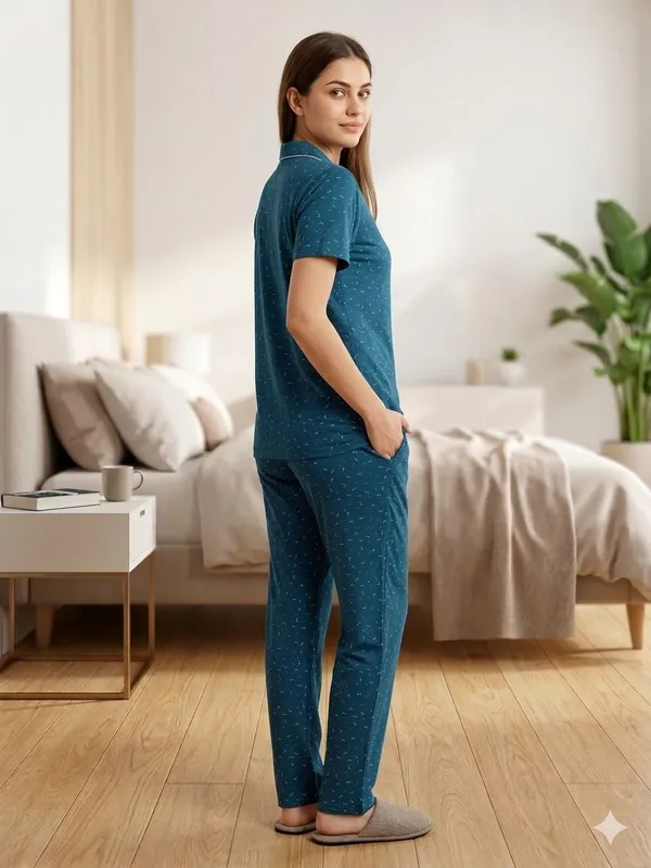 SKYBEN_Women_Printed_Teal_Blue_Shirt_And_Pyjama_set