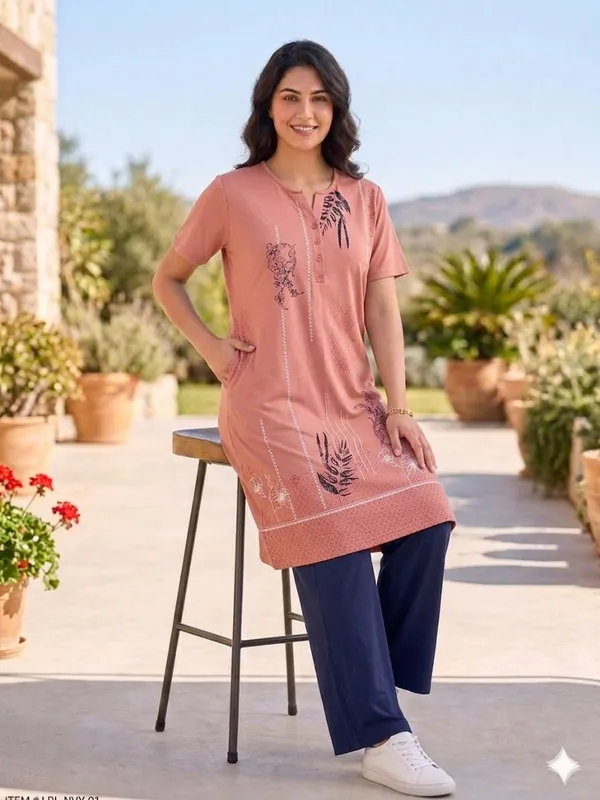 SKYBEN_Women_Printed_Peach_And_Navy_Blue_Top_And_Pyjama_Set