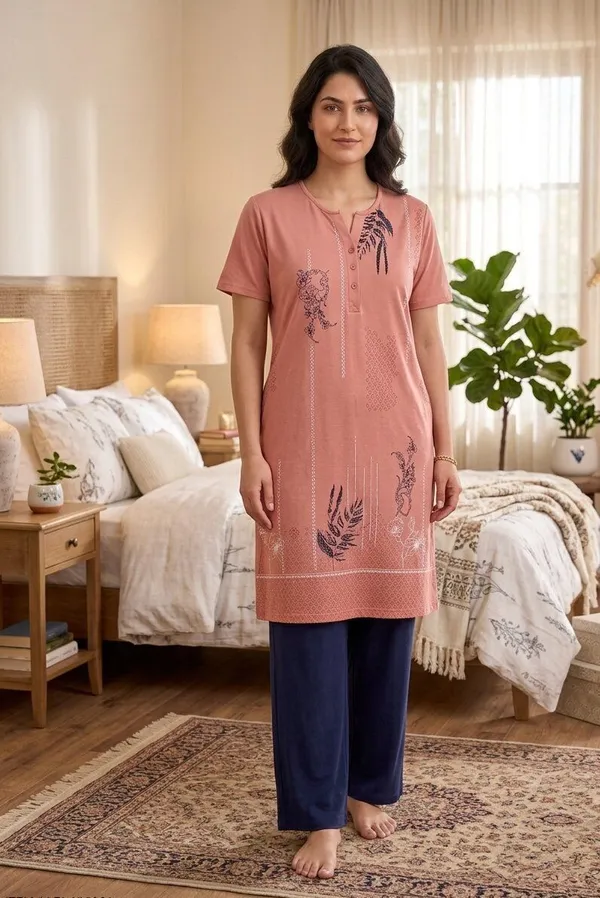 SKYBEN_Women_Printed_Peach_And_Navy_Blue_Top_And_Pyjama_Set
