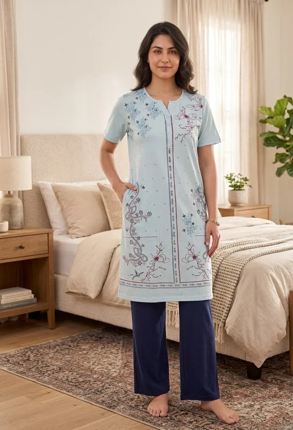 SKYBEN_Women_Printed_Light_Blue_And_Navy_Blue_Top_And_Pyjama_Set