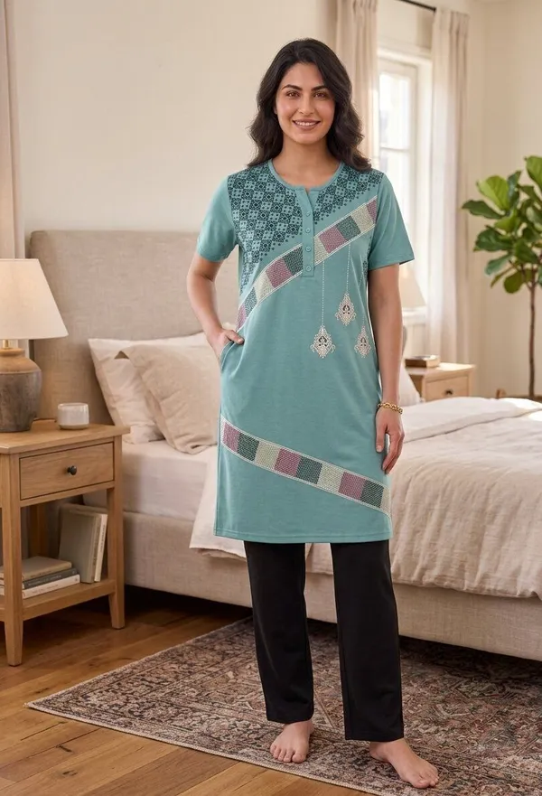 SKYBEN_Women_Printed_Mint_Green_And_Black_Top_And_Pyjama_Set