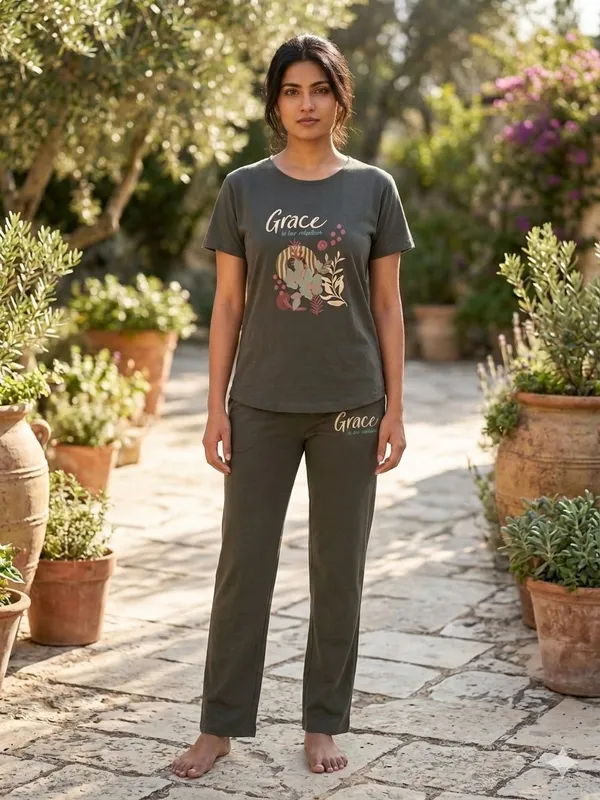 SKYBEN_Women_Printed,_Graphic_Print_Olive_Green_Top_And_Pyjama_Set