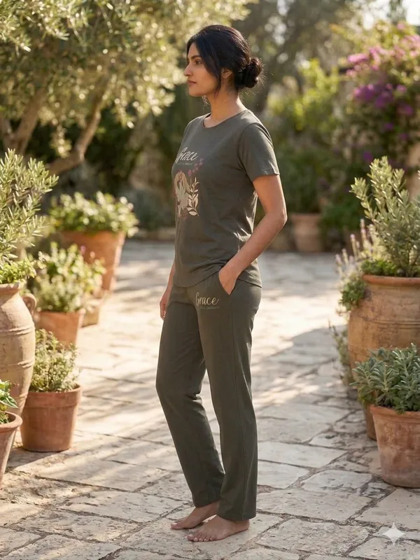 SKYBEN_Women_Printed,_Graphic_Print_Olive_Green_Top_And_Pyjama_Set