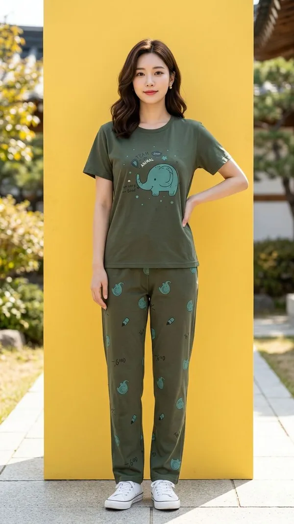 SKYBEN_Women_Printed_Olive_Green_Top_And_Pyjama_Set