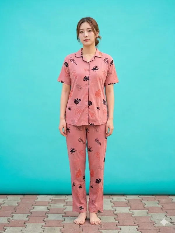 SKYBEN_Women_Printed_Peach_Shirt_And_Pyjama_set
