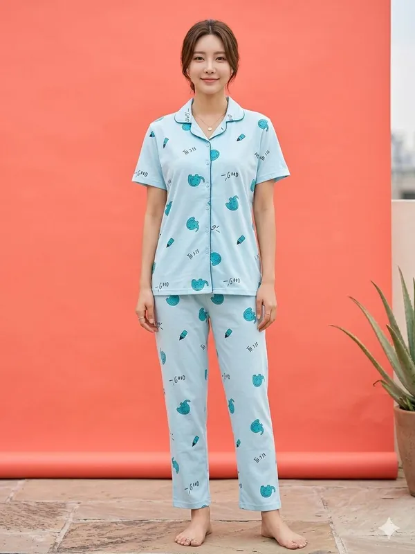 SKYBEN_Women_Printed_Sky_Blue_Shirt_And_Pyjama_set