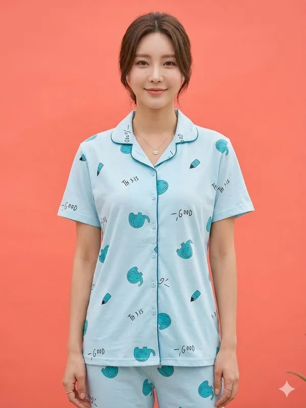 SKYBEN_Women_Printed_Sky_Blue_Shirt_And_Pyjama_set