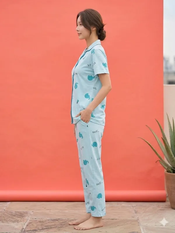 SKYBEN_Women_Printed_Sky_Blue_Shirt_And_Pyjama_set