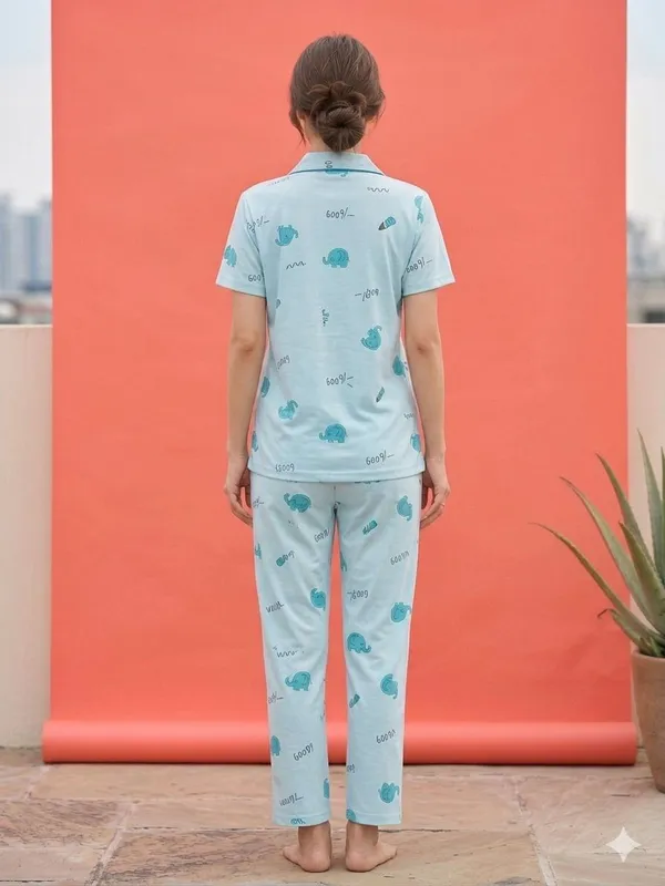 SKYBEN_Women_Printed_Sky_Blue_Shirt_And_Pyjama_set
