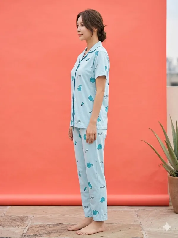 SKYBEN_Women_Printed_Sky_Blue_Shirt_And_Pyjama_set