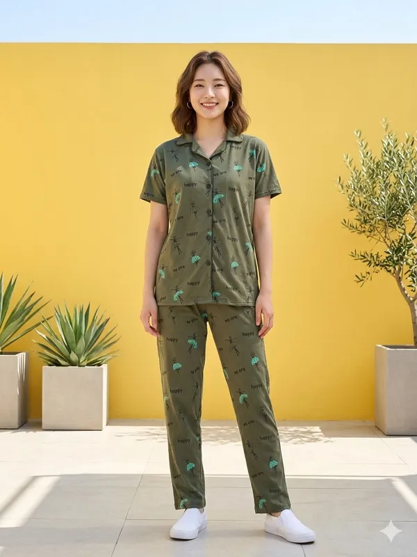 SKYBEN_Women_Printed_Olive_Green_Shirt_And_Pyjama_set
