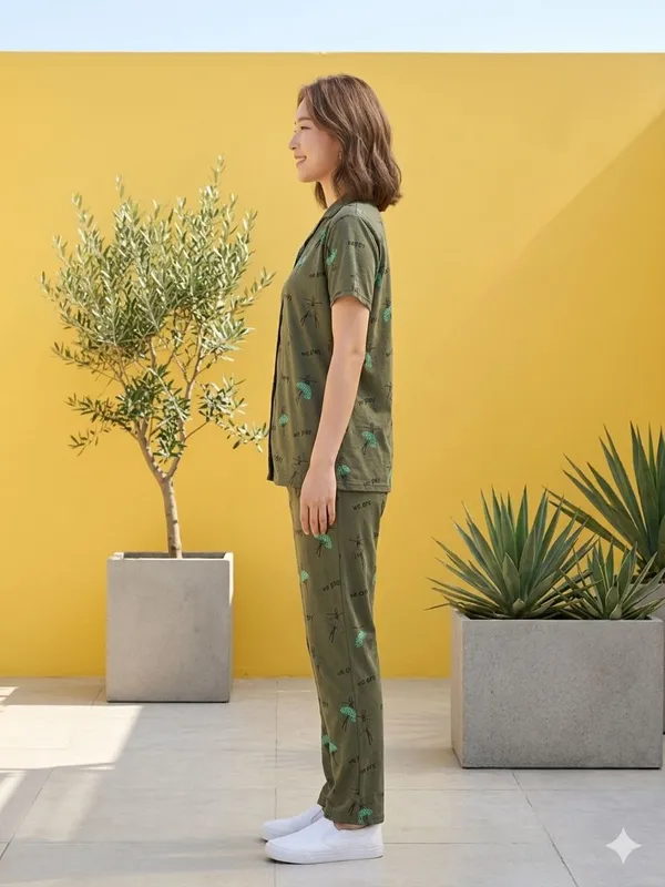 SKYBEN_Women_Printed_Olive_Green_Shirt_And_Pyjama_set